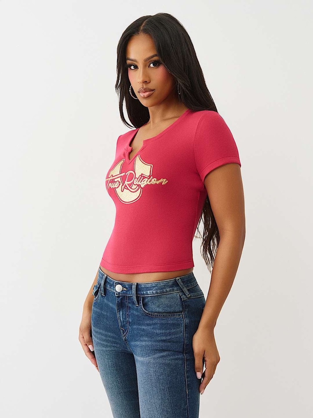 True Religion Red Short-Sleeve Logo Notch-Neck Tee - Picture 2 of 13